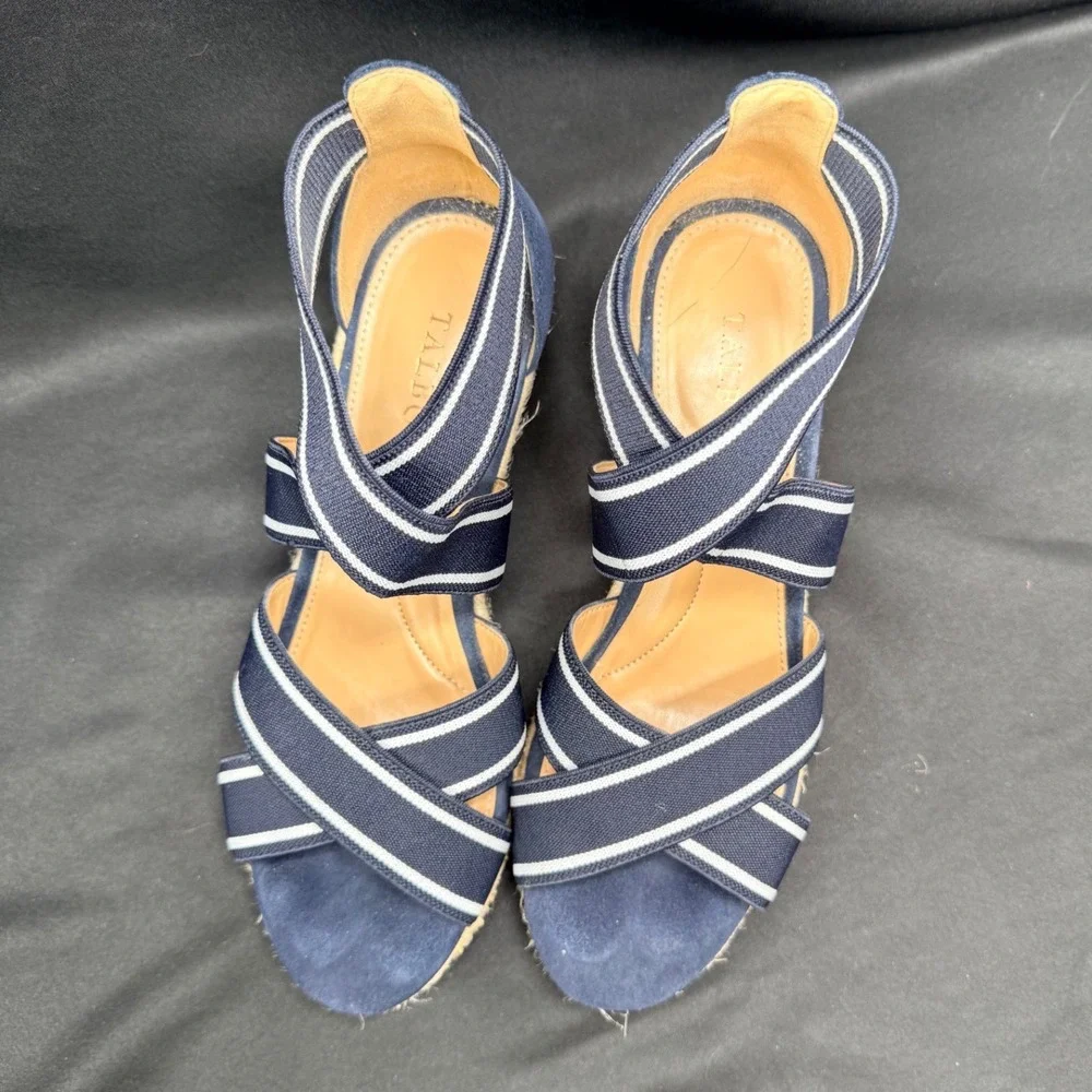 Talbots Navy White Striped Elastic Espadrille Wedge Sandals Womens 7